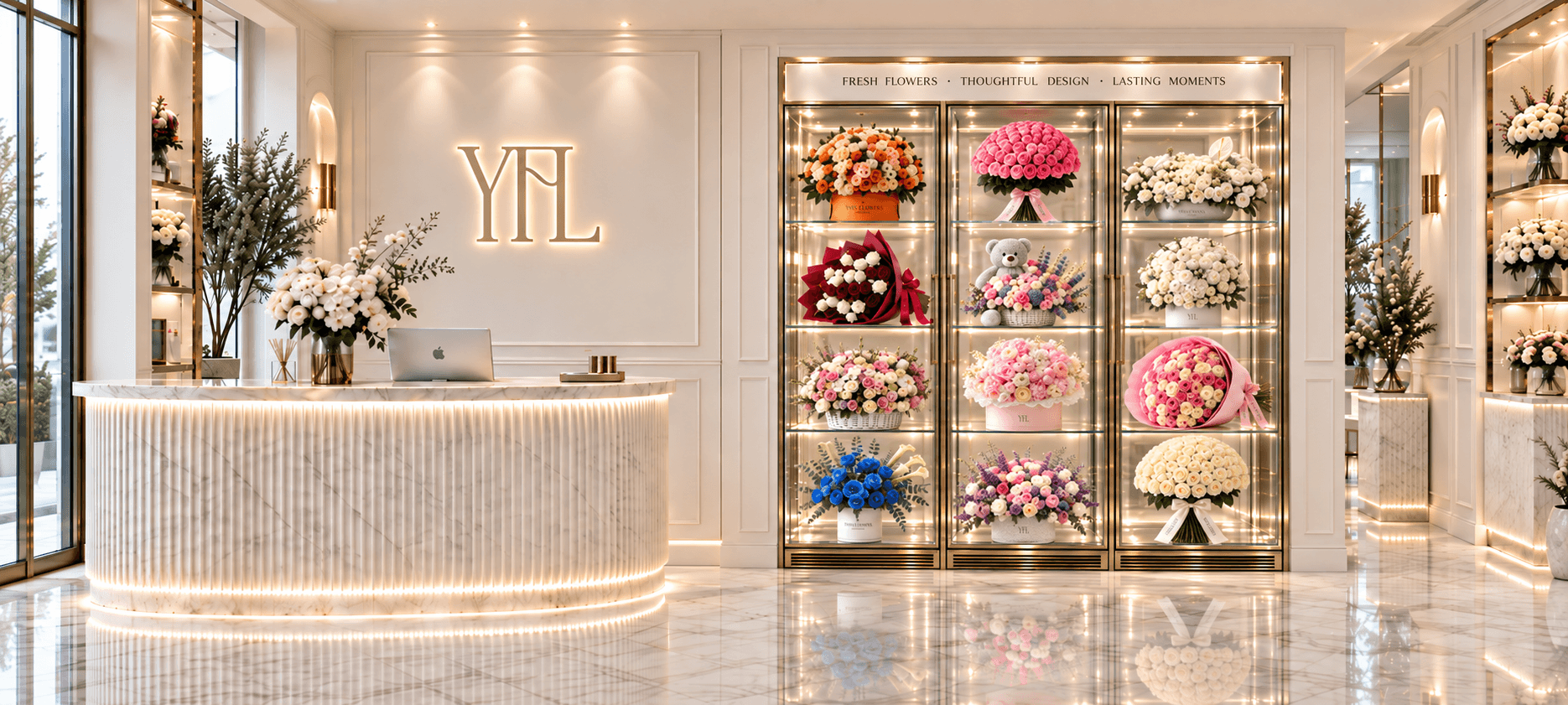 Yana’s Flowers showroom concept with a warm marble reception desk and illuminated flower displays