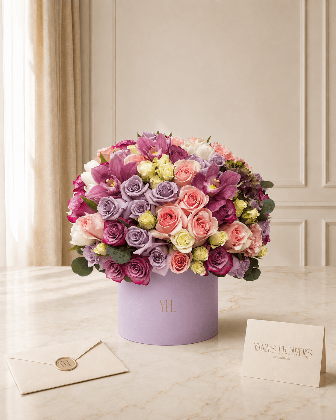 Lavender Estate flower box arrangement by Yana's Flowers