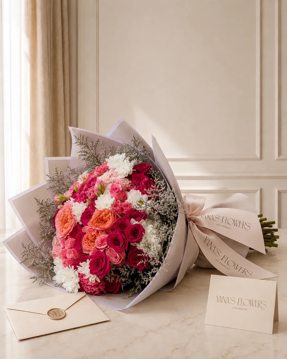 Rosé Confetti wrapped bouquet by Yana's Flowers
