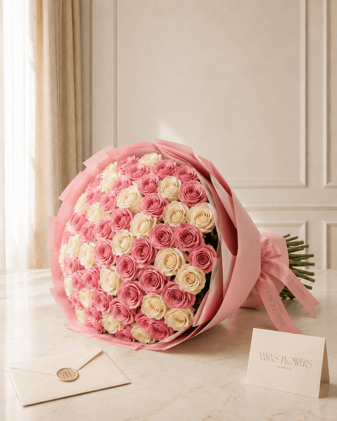 Blush Duet wrapped bouquet by Yana's Flowers