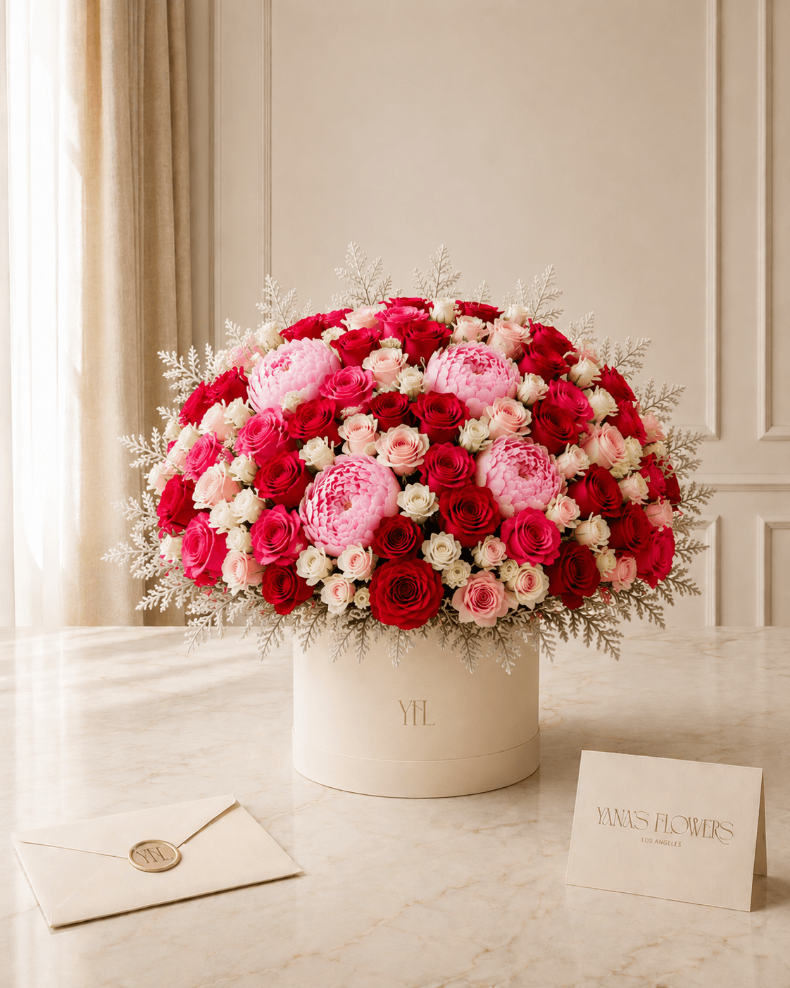 Rouge Affair flower box arrangement by Yana's Flowers