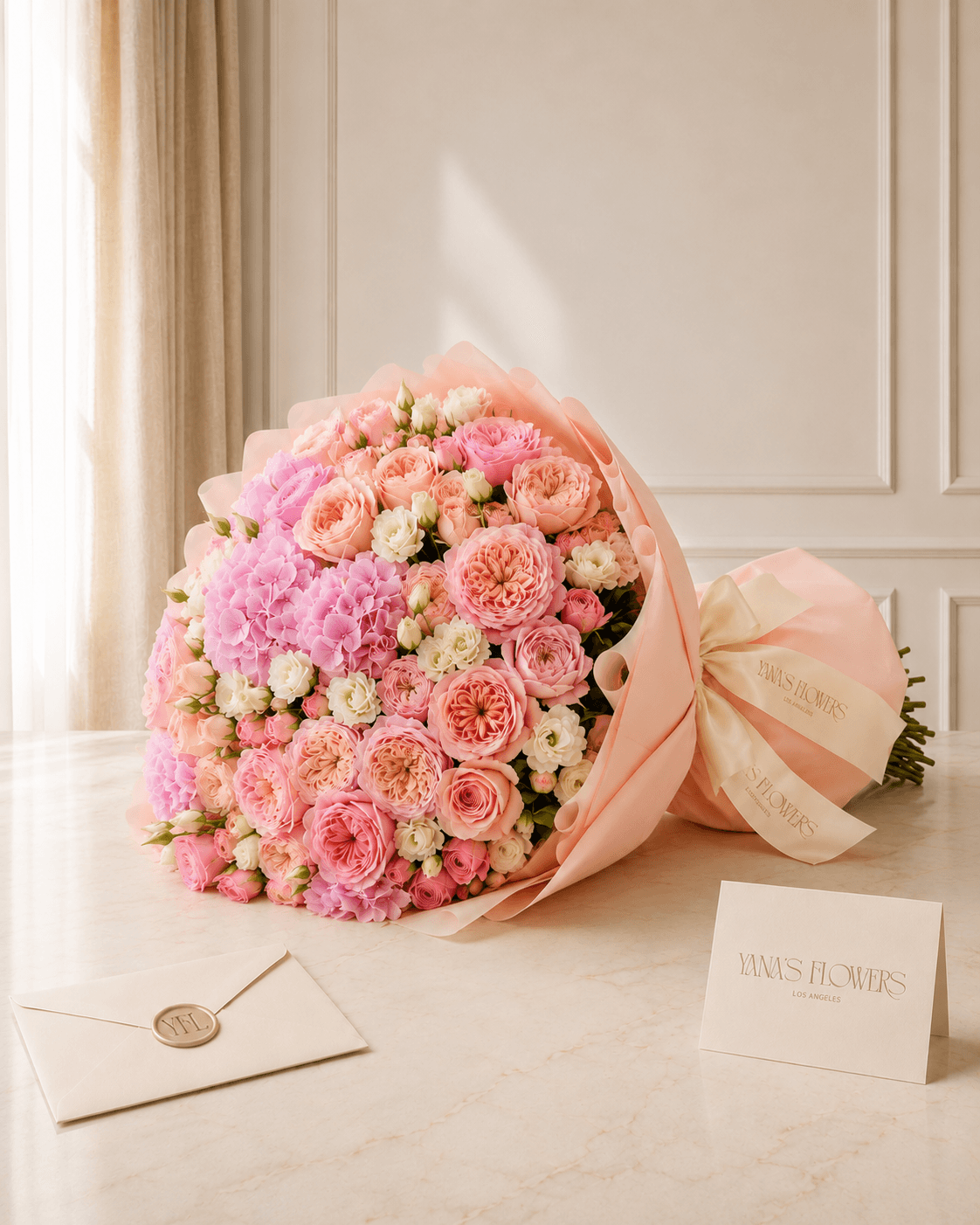 Petal Blush wrapped bouquet by Yana's Flowers