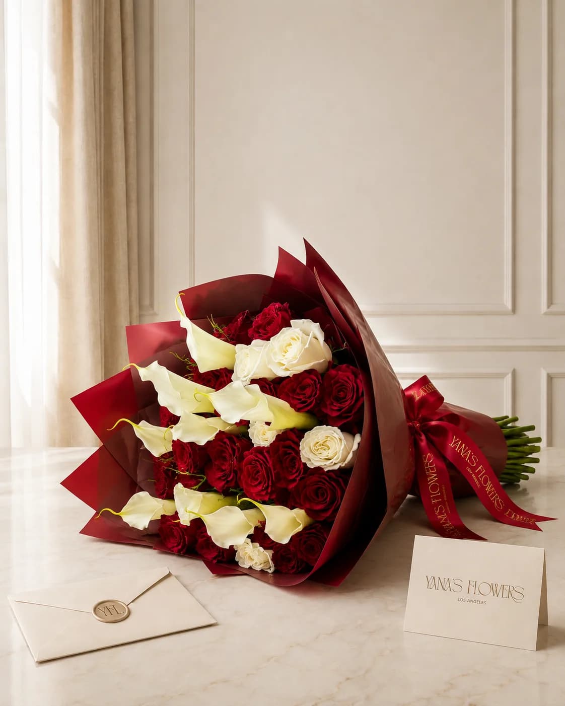 Scarlet Alabaster wrapped bouquet by Yana's Flowers
