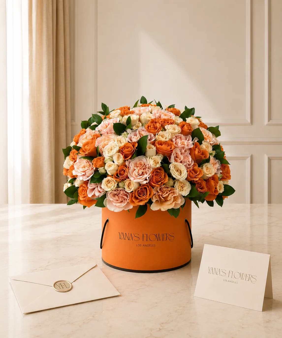 Sunset Blush flower box arrangement by Yana's Flowers