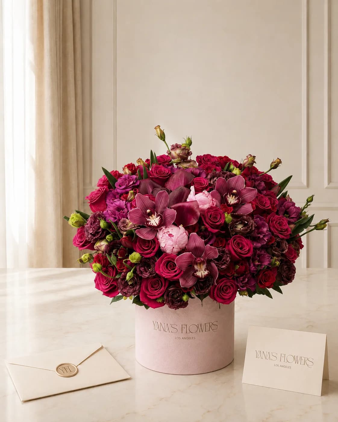 Crimson Couture flower box arrangement by Yana's Flowers
