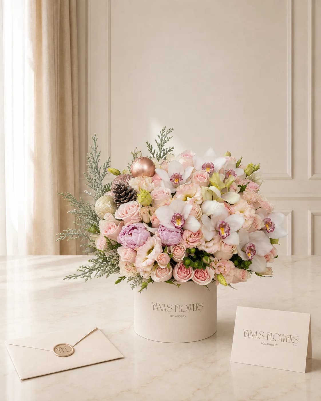 Winter Rosé flower box arrangement by Yana's Flowers