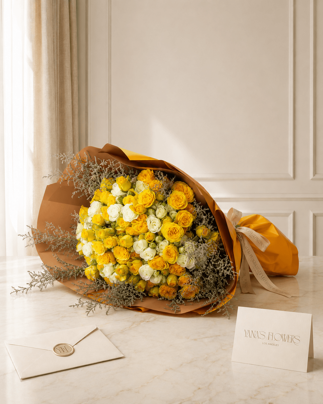 Golden Linen wrapped bouquet by Yana's Flowers