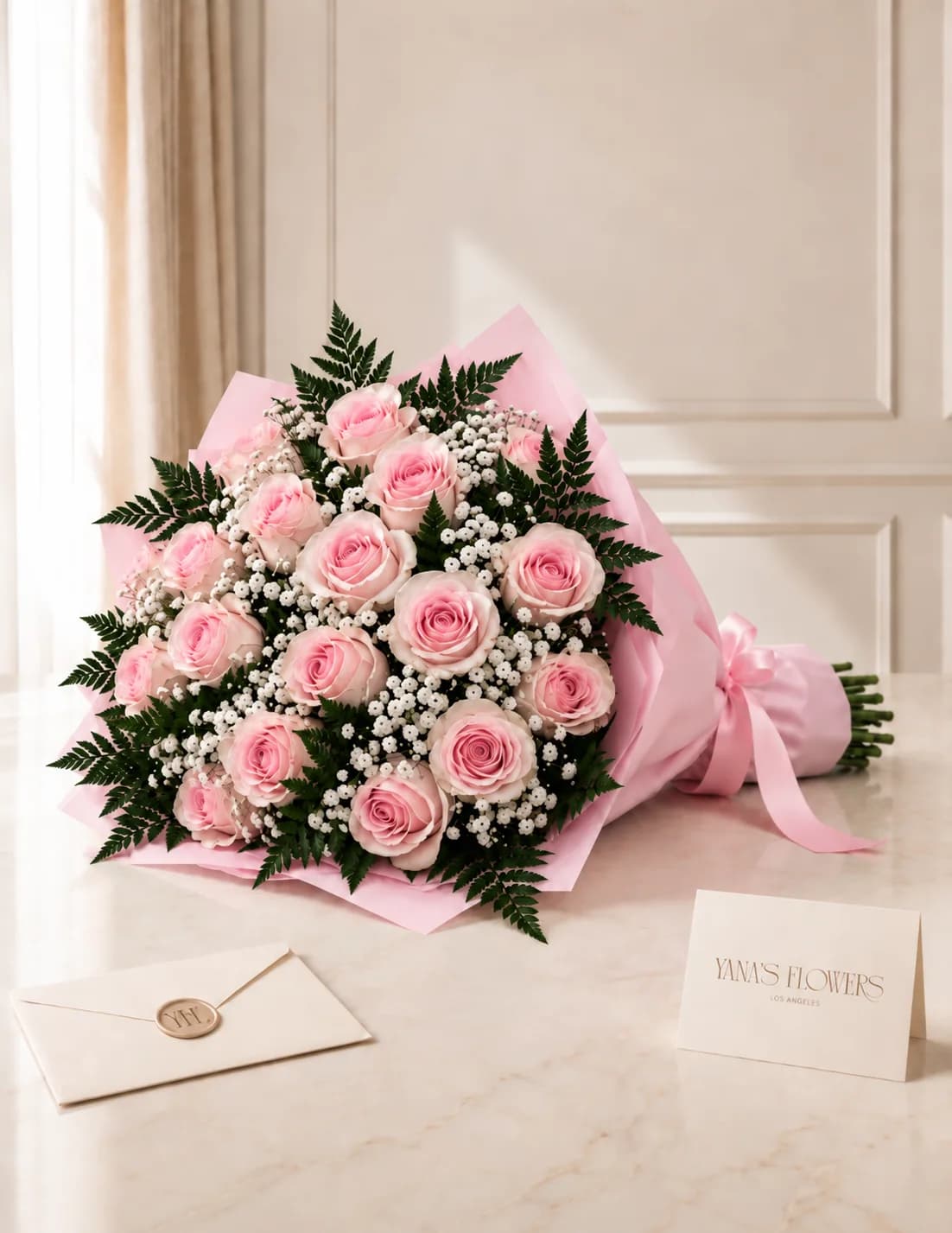 Pink Whisper wrapped bouquet by Yana's Flowers