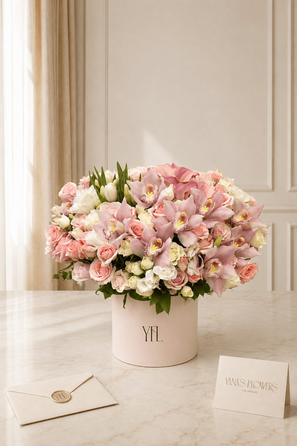 Rosewater flower box arrangement by Yana's Flowers