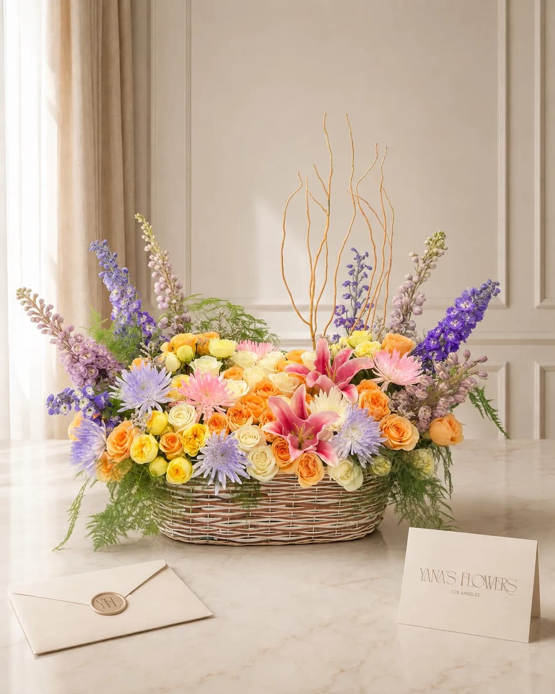 Pastel Orchard Basket flower basket arrangement by Yana's Flowers