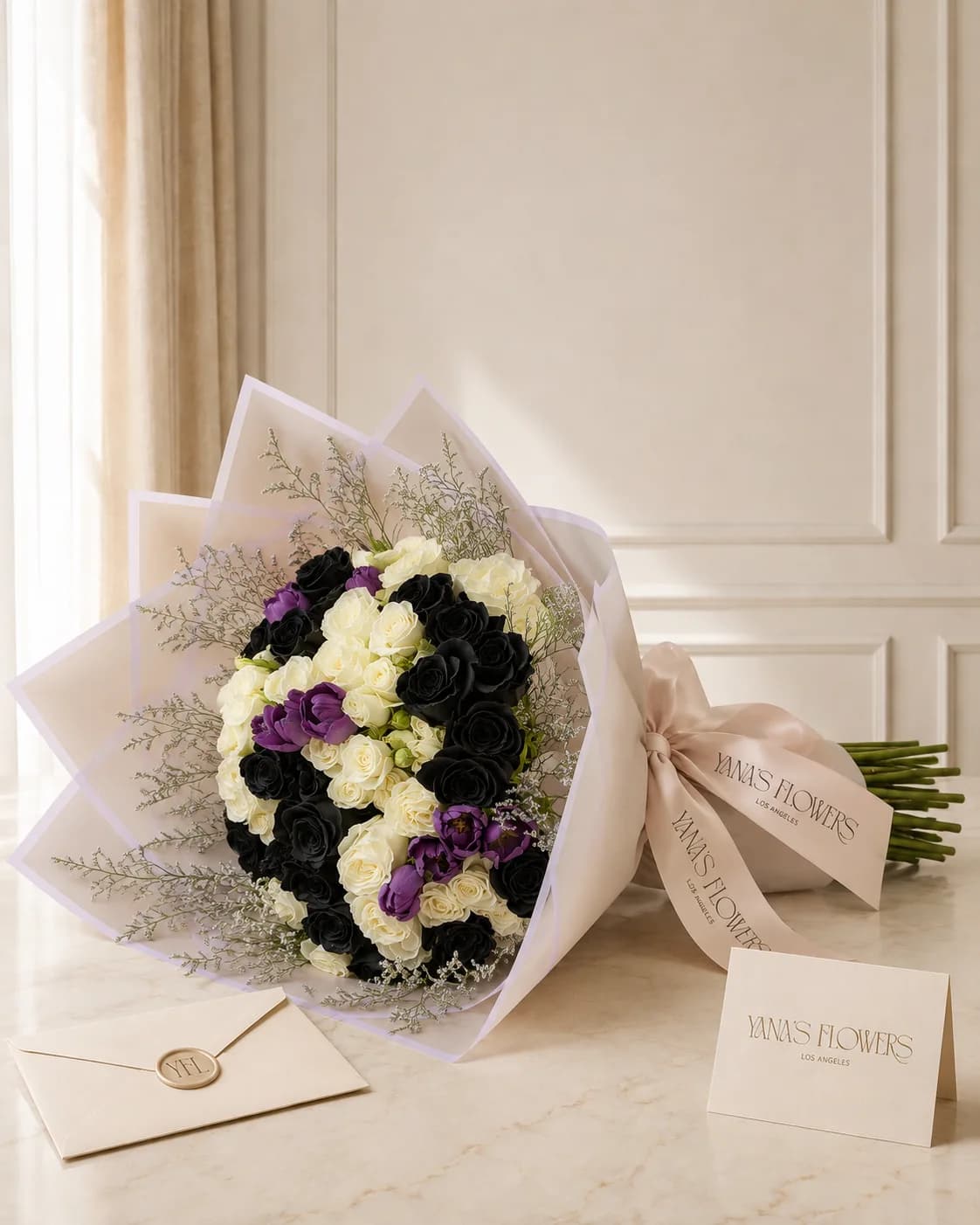 Noir Amethyst wrapped bouquet by Yana's Flowers