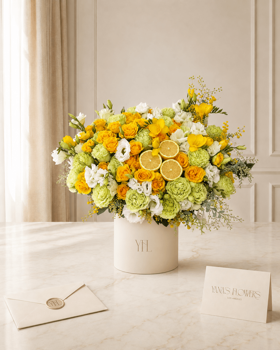 Citrus Garden flower box arrangement by Yana's Flowers