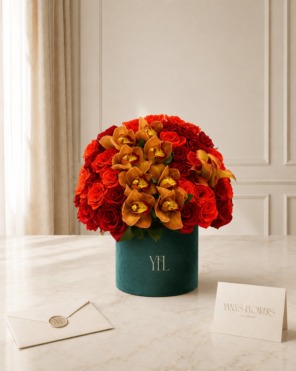 Scarlet Cymbidium flower box arrangement by Yana's Flowers