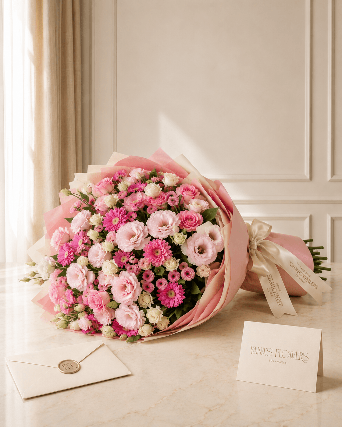Pink Sonata wrapped bouquet by Yana's Flowers