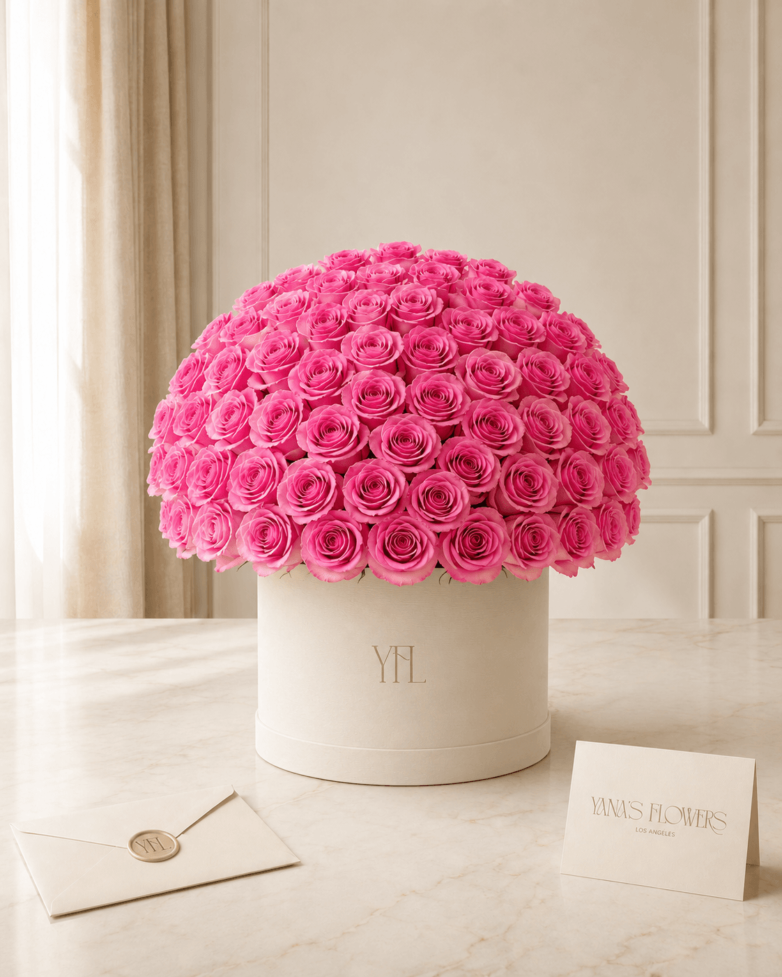Fuchsia Dome flower box arrangement by Yana's Flowers