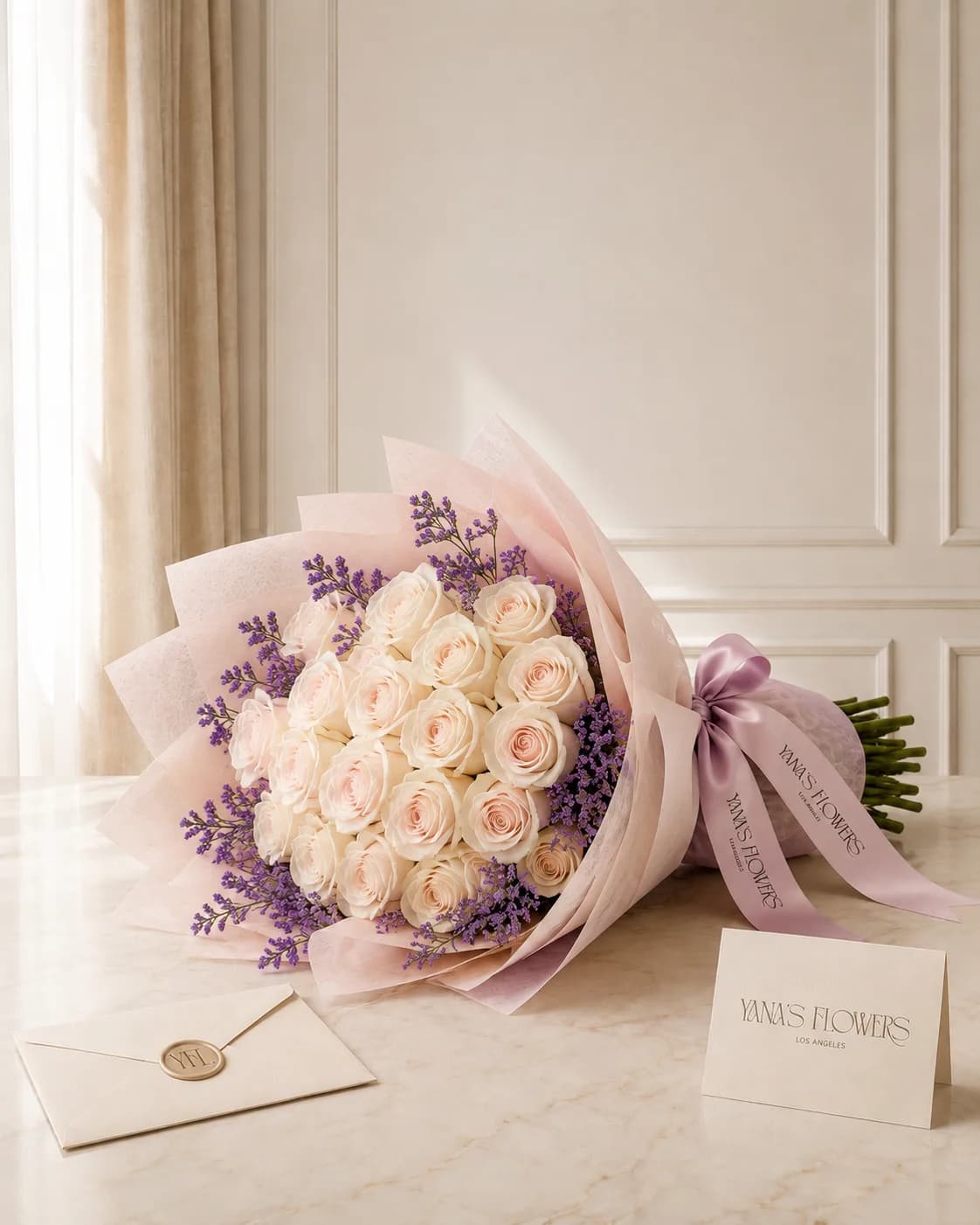 Lavender Vow wrapped bouquet by Yana's Flowers