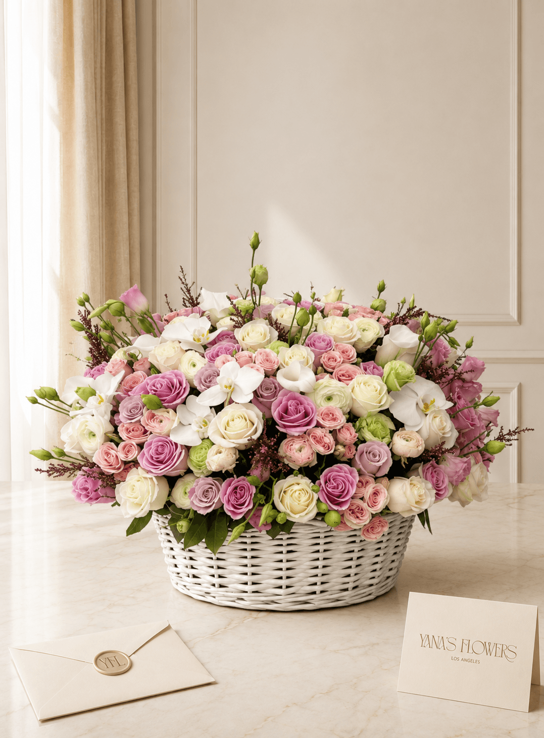 Blush Reverie flower basket arrangement by Yana's Flowers