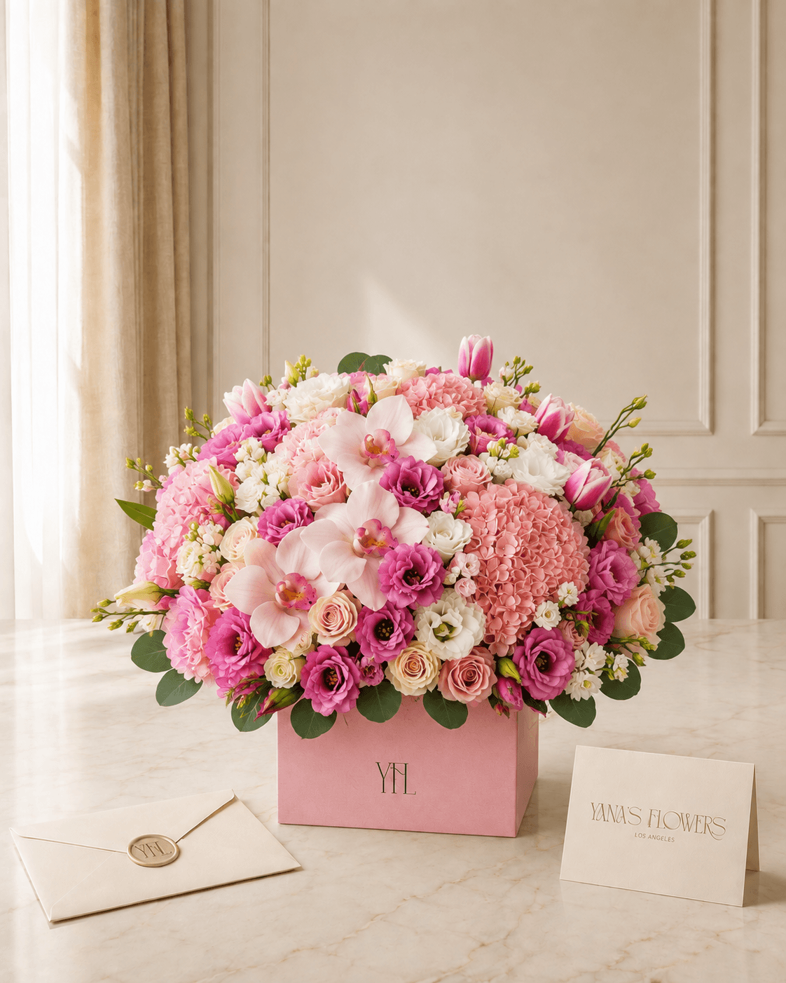 Pink Conservatory flower box arrangement by Yana's Flowers