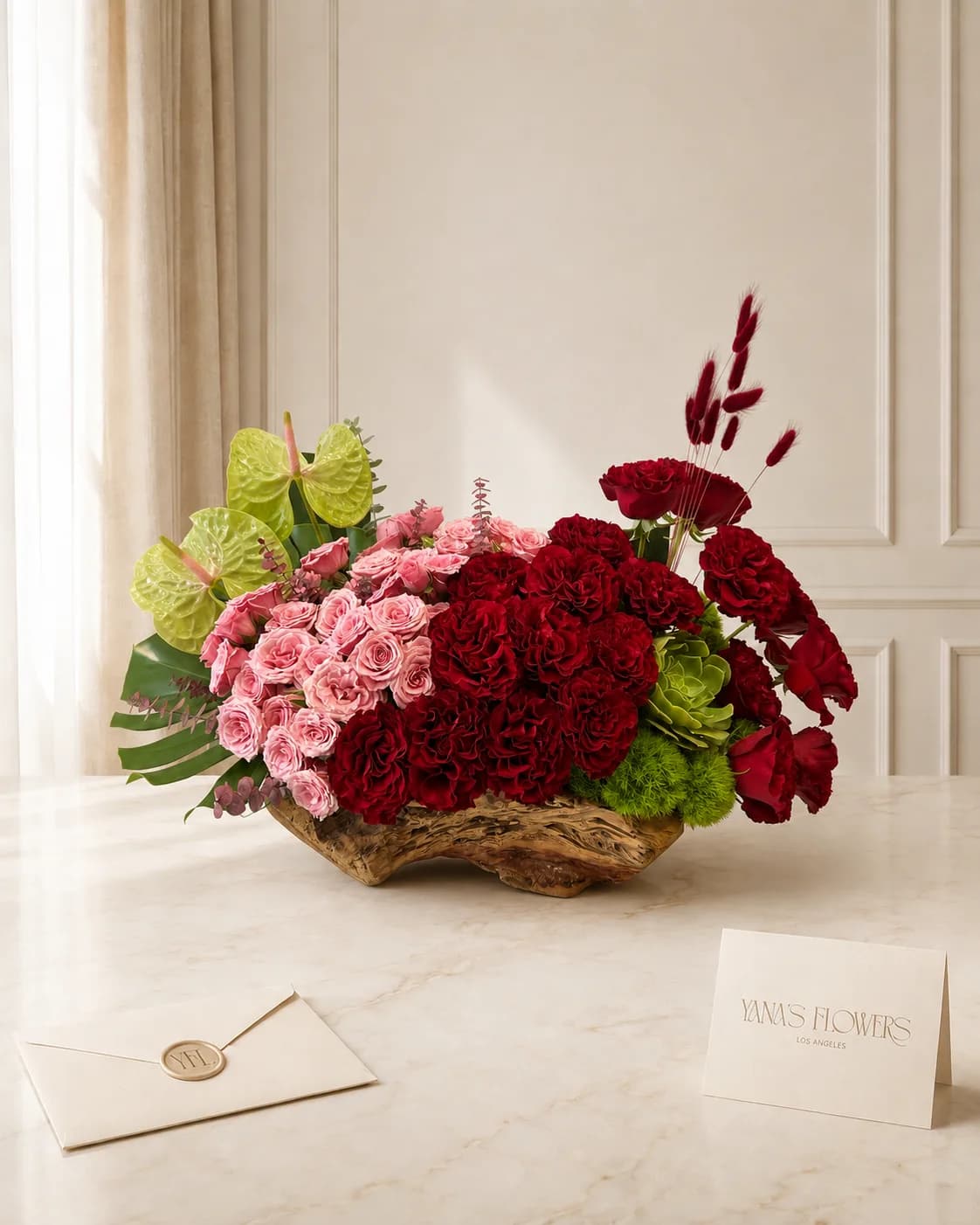 Verdant Rouge flower basket arrangement by Yana's Flowers