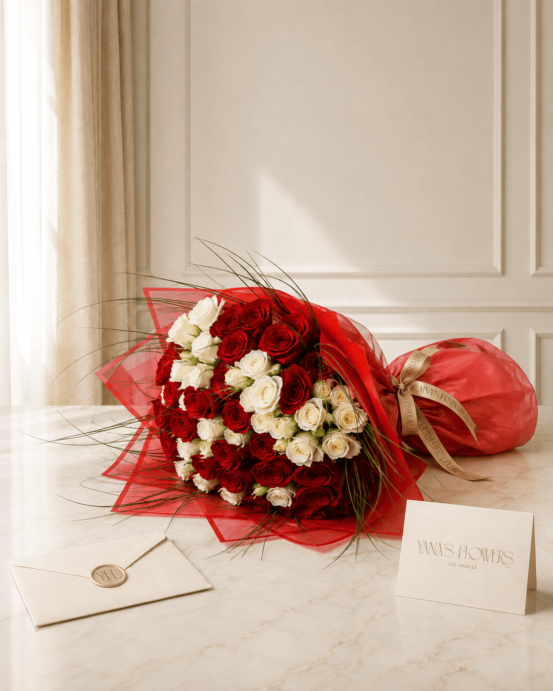 Scarlet Elegance wrapped bouquet by Yana's Flowers