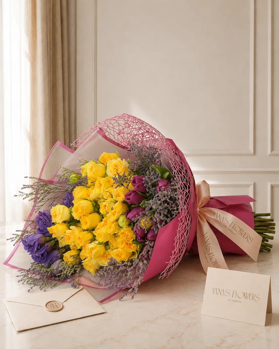 Saffron Serenade wrapped bouquet by Yana's Flowers
