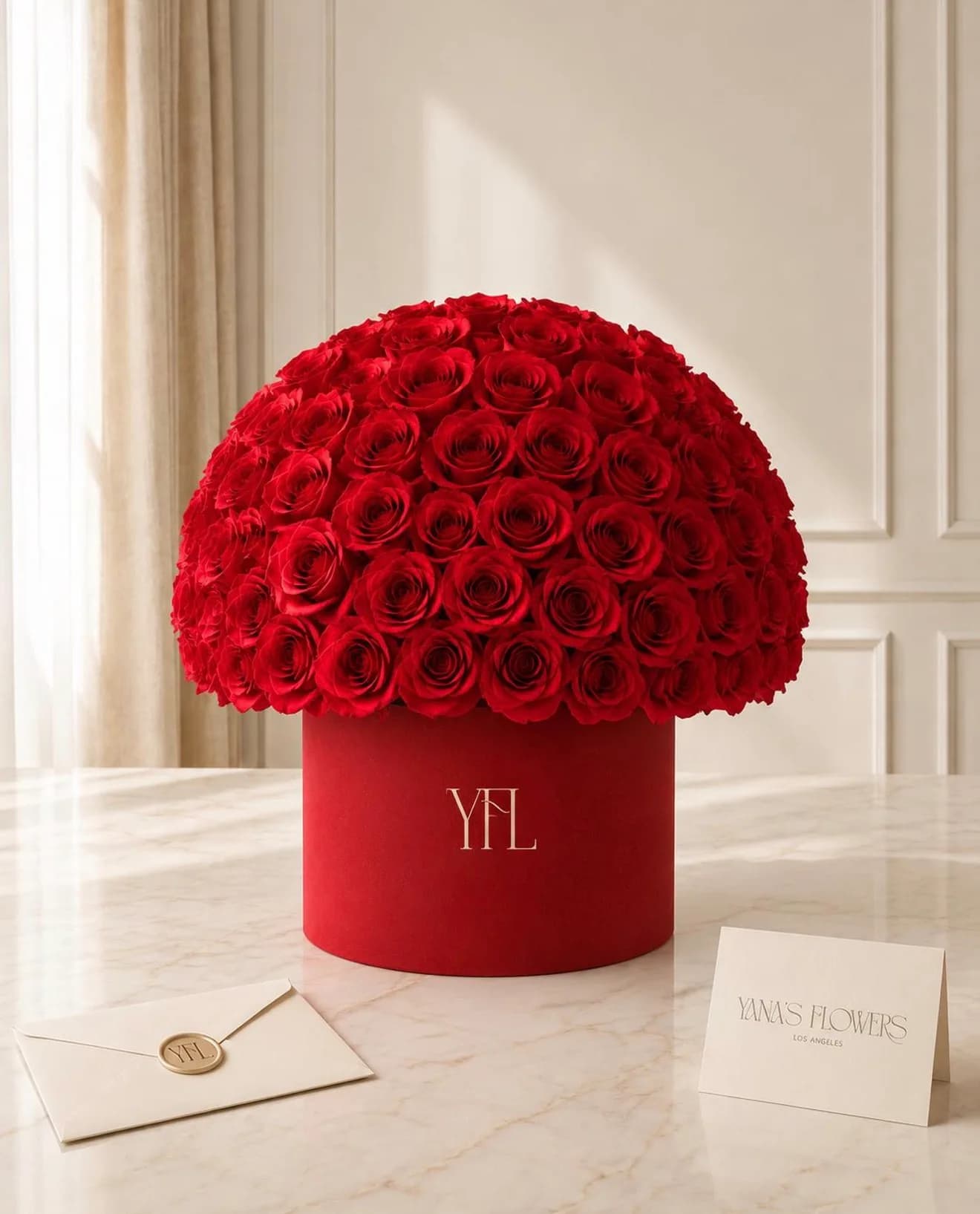 Scarlet Grandeur flower box arrangement by Yana's Flowers