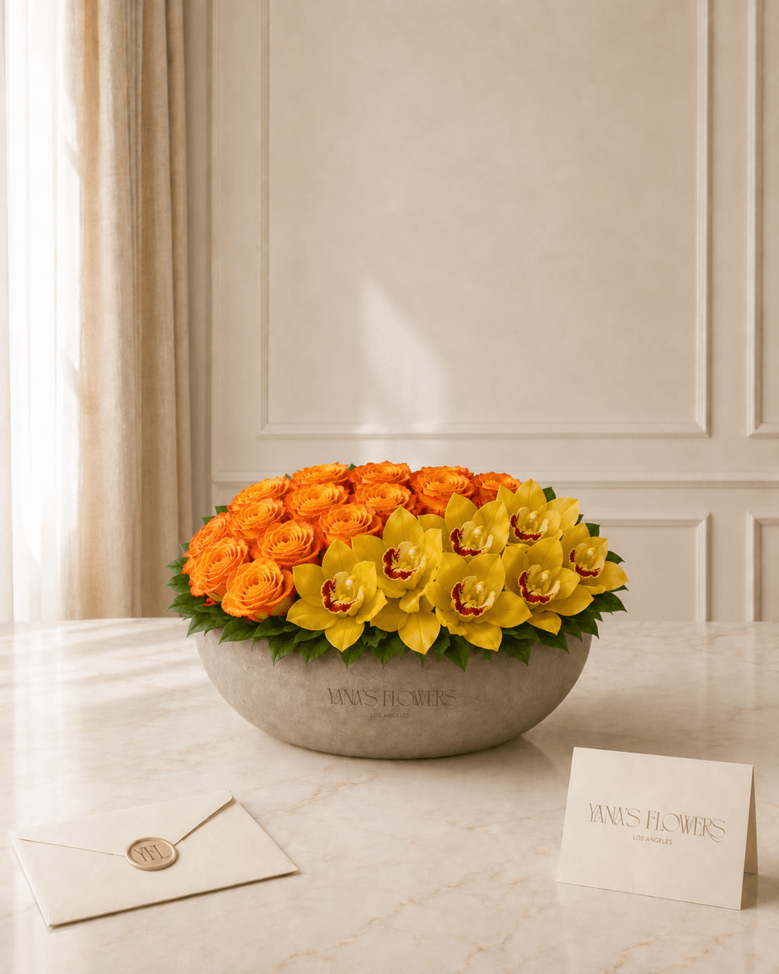 Amber Cymbidium vase arrangement by Yana's Flowers