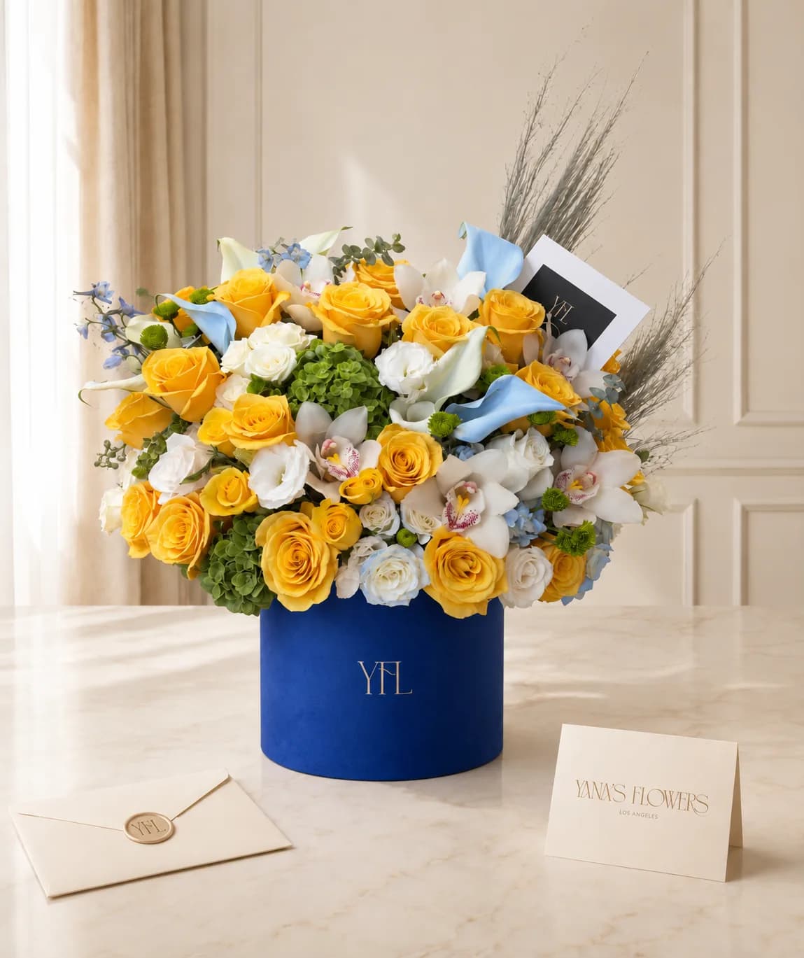 Golden Azure flower box arrangement by Yana's Flowers