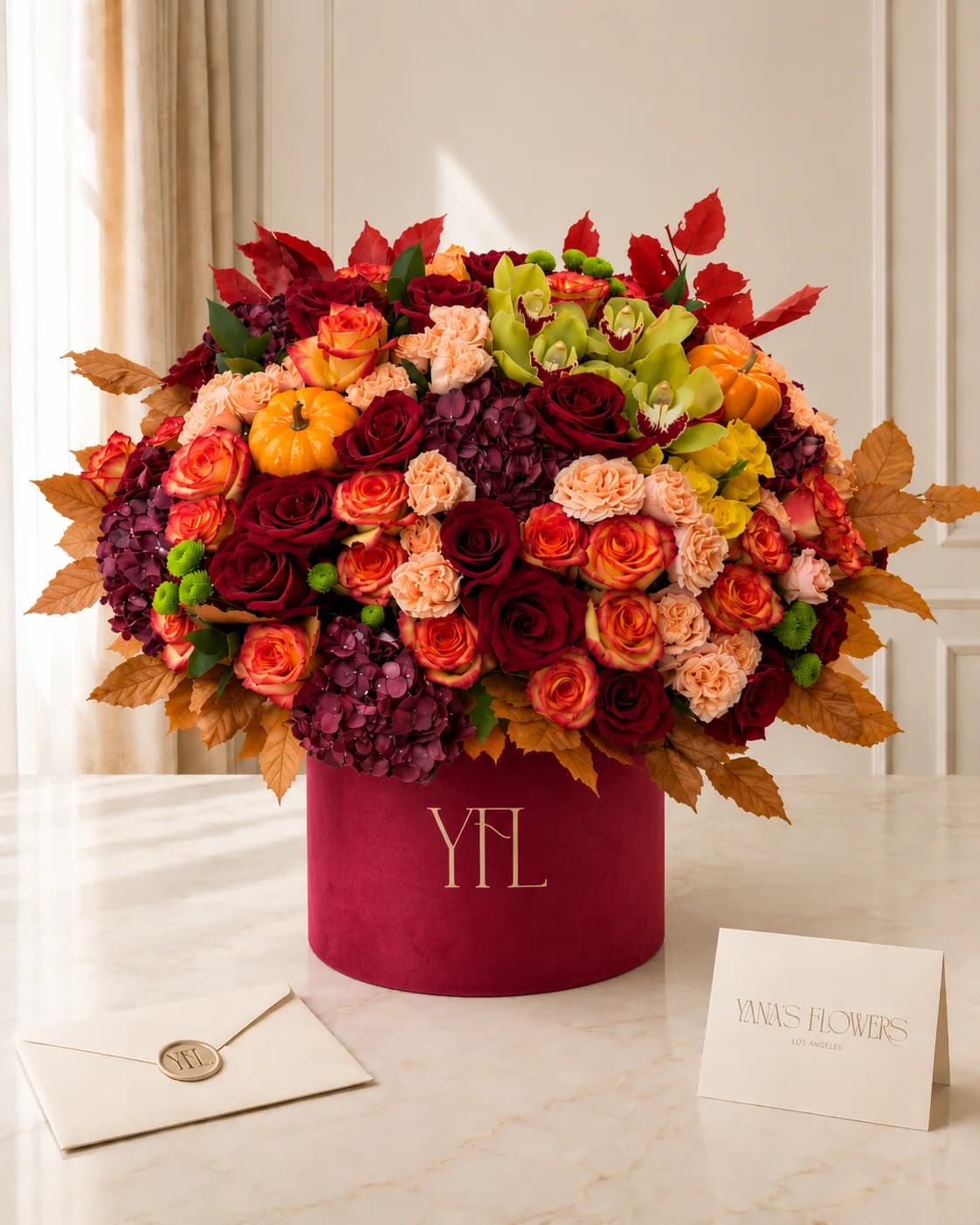 Autumn Velvet flower box arrangement by Yana's Flowers