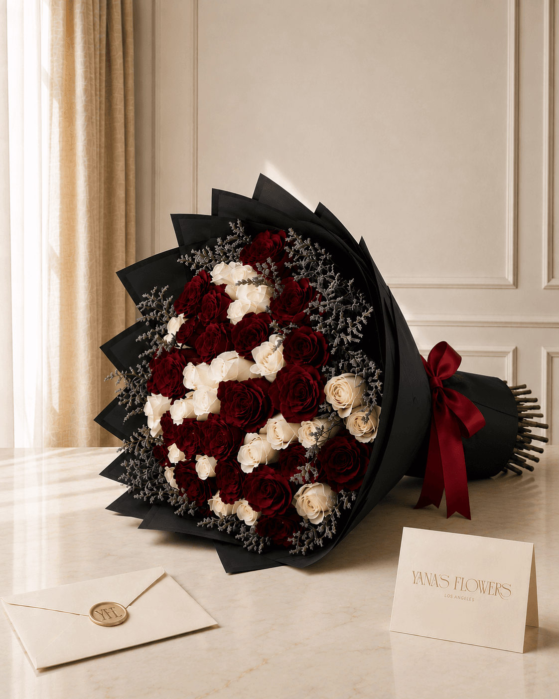 Crimson Ivory wrapped bouquet by Yana's Flowers