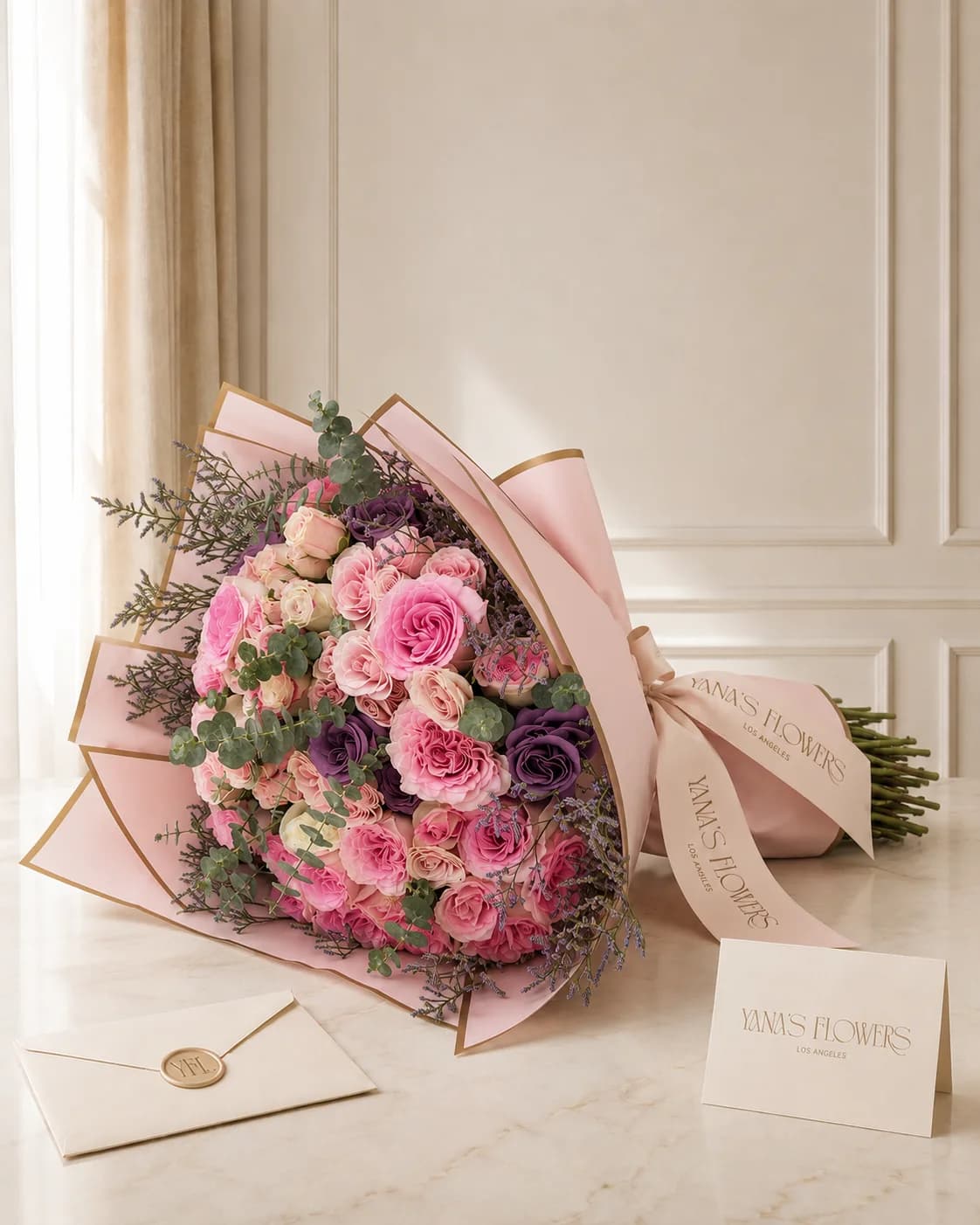 Rosewater Amethyst wrapped bouquet by Yana's Flowers