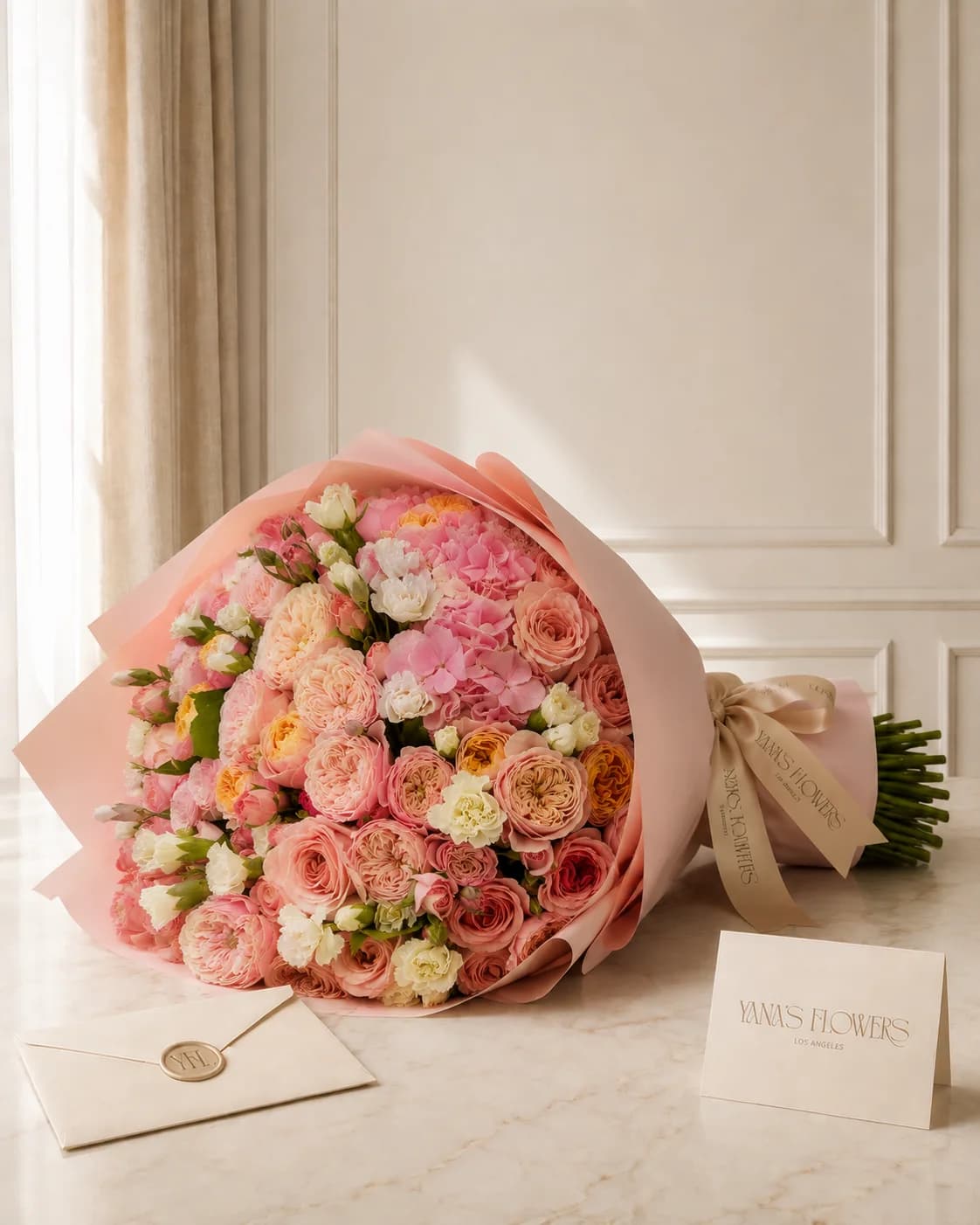 Blush Soufflé wrapped bouquet by Yana's Flowers