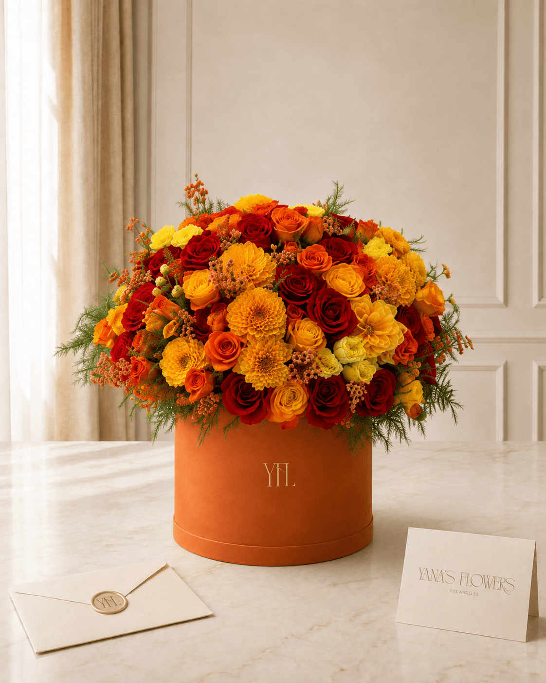 Golden Ember flower box arrangement by Yana's Flowers
