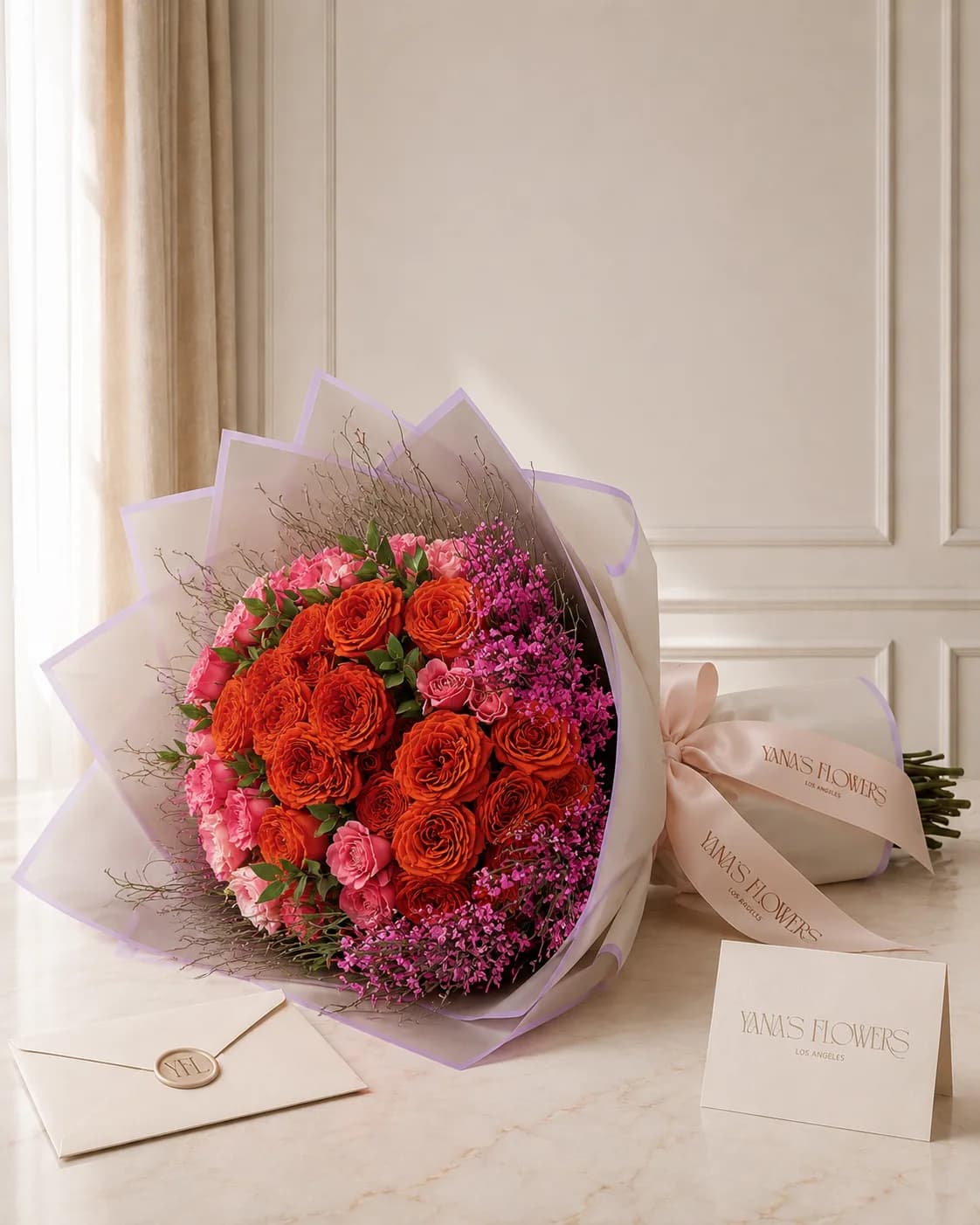 Coral Voltage wrapped bouquet by Yana's Flowers