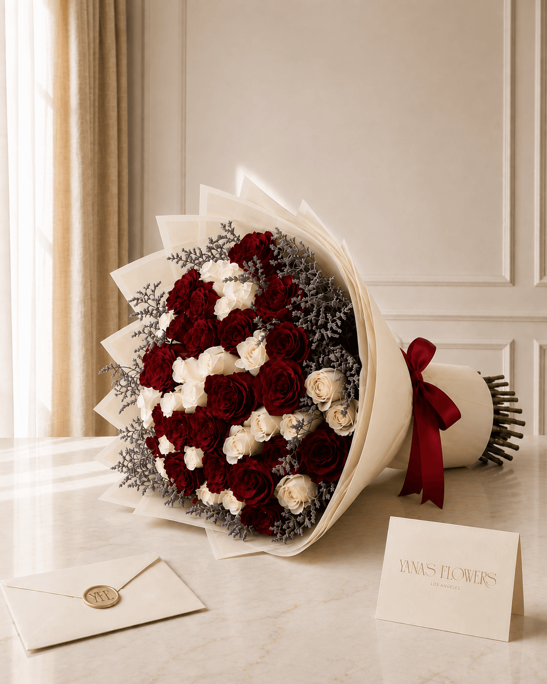 Midnight Crimson wrapped bouquet by Yana's Flowers