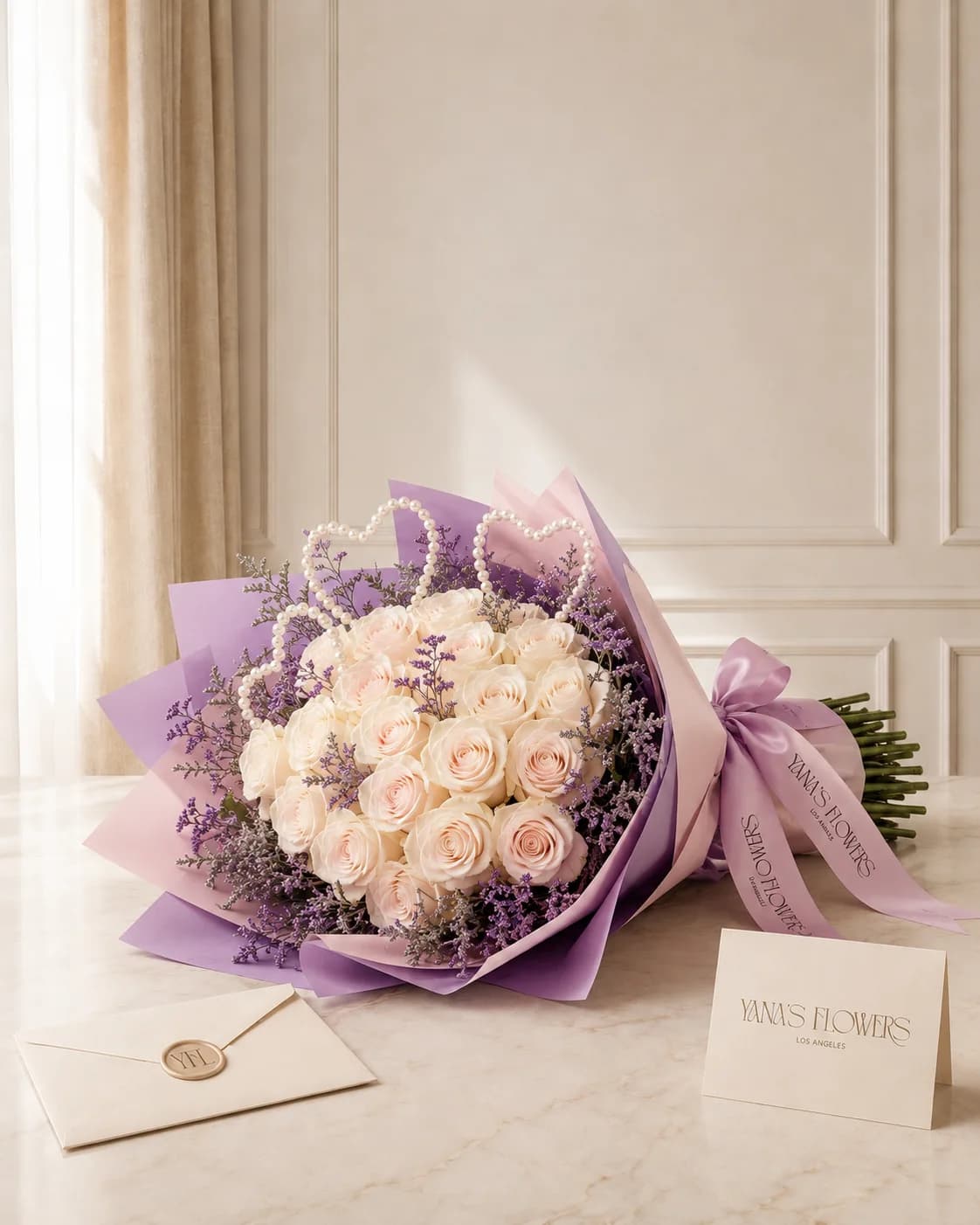 Pearled Devotion wrapped bouquet by Yana's Flowers