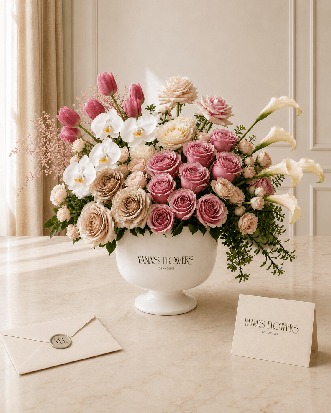 Satin Cascade vase arrangement by Yana's Flowers