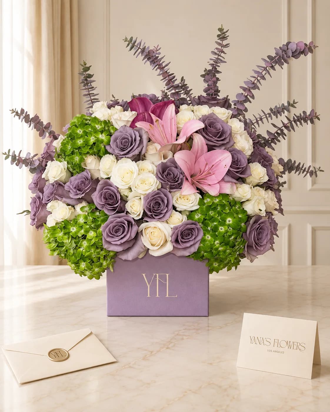 Lilac Harmony flower box arrangement by Yana's Flowers