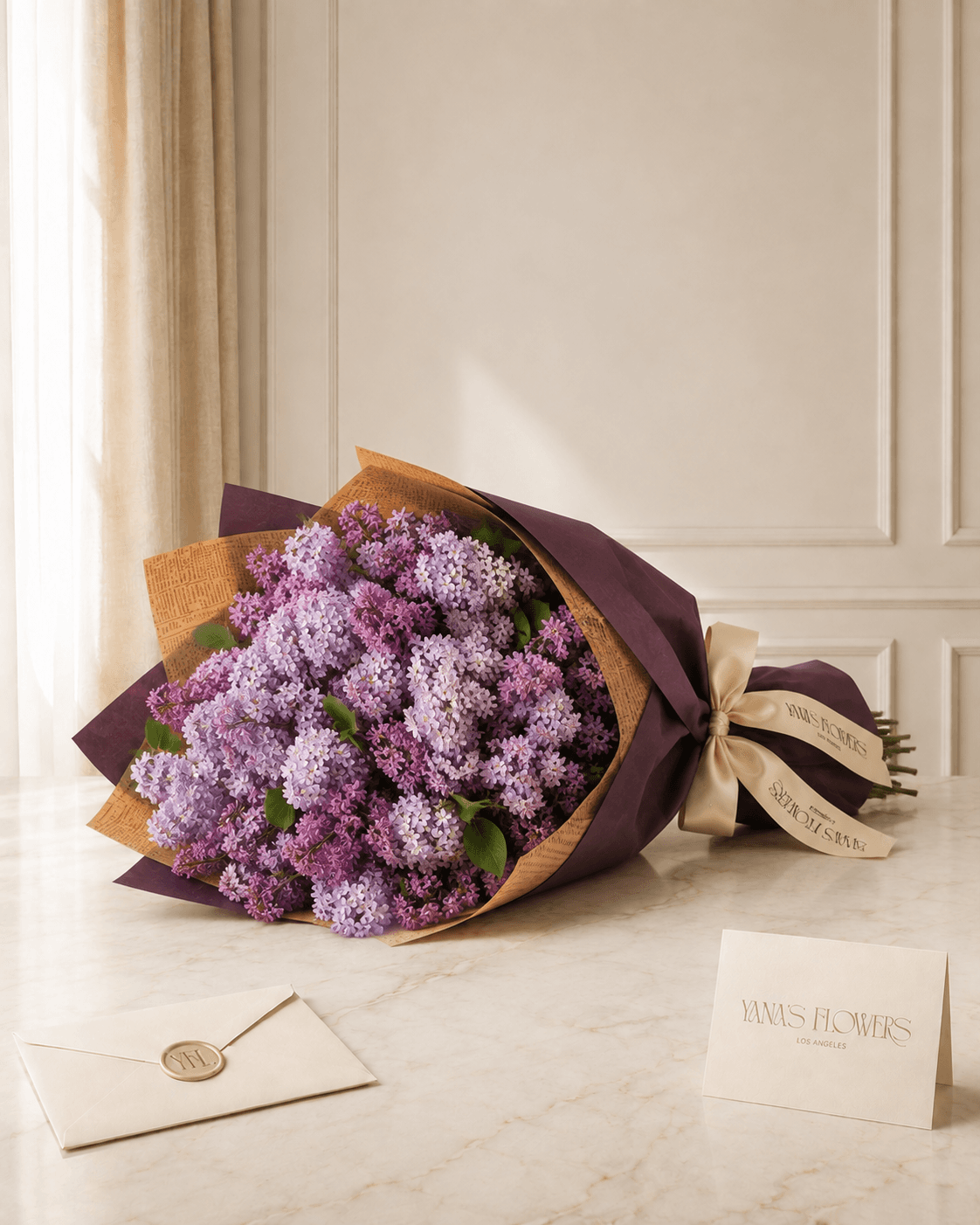 Lilac Letters wrapped bouquet by Yana's Flowers