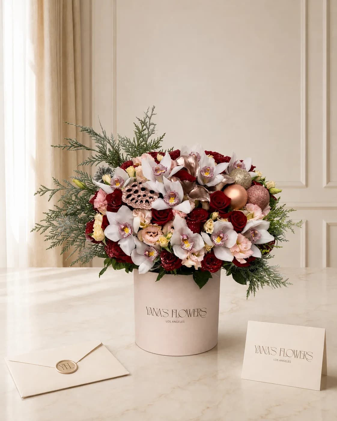 Frosted Merlot flower box arrangement by Yana's Flowers
